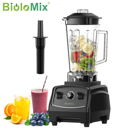 Blender with fruits, a smoothie, and a straw on a white background with BioloMix branding.