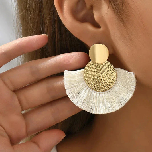 Bohemian Tassel Earrings – White Fringe Dangle Statement Jewelry for Women