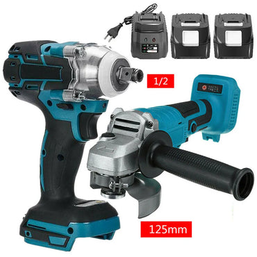 125mm (5 in) Brushless 18V Cordless Angle Grinder + 1/2 in Impact Wrench Combo Kit - 2x 15000mAh Batteries, Charger, LED