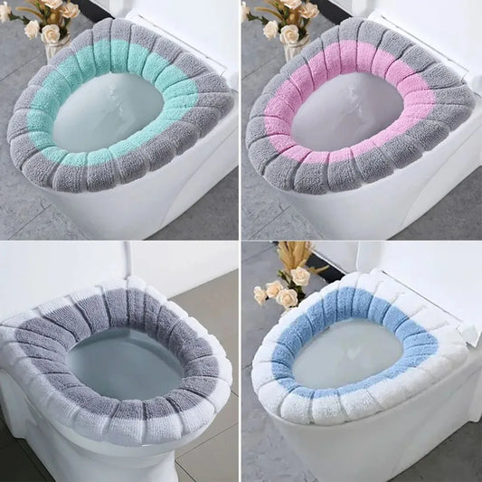 1-Piece Washable Knitted Toilet Seat Cover, Thick Soft Cushion with Handle, Fits Round and Oval Seats