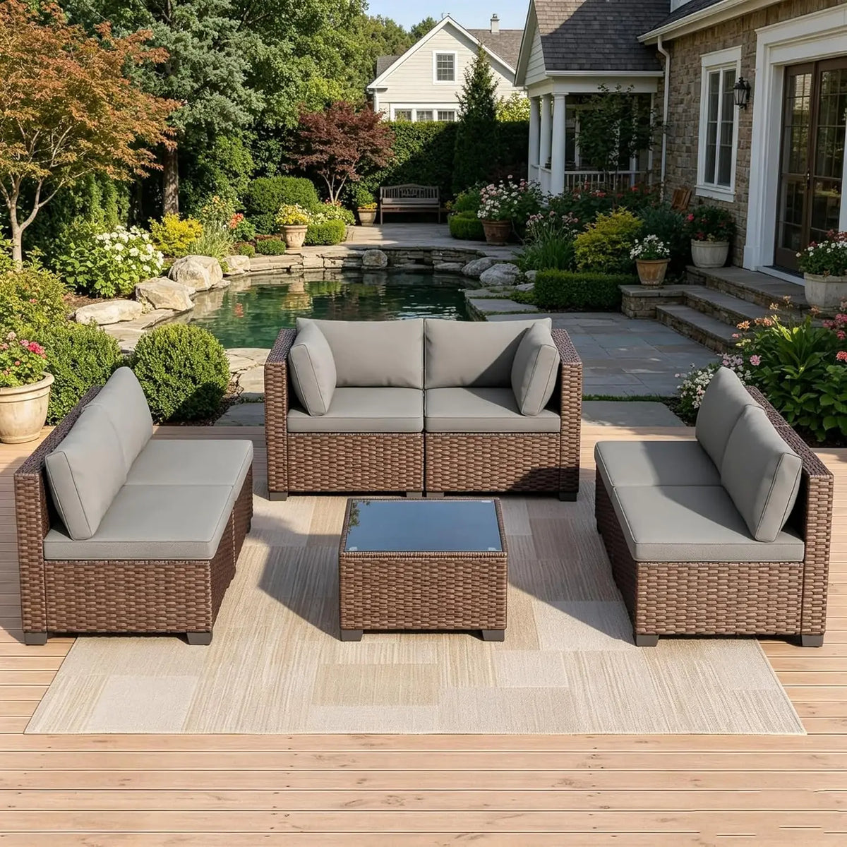 XIAOLANG 7-Piece PE Wicker Modular Patio Sectional - Steel Frame, Tempered Glass Table, Sponge & PP Cotton Cushions, Adjustable Feet, 7 Colour Options
