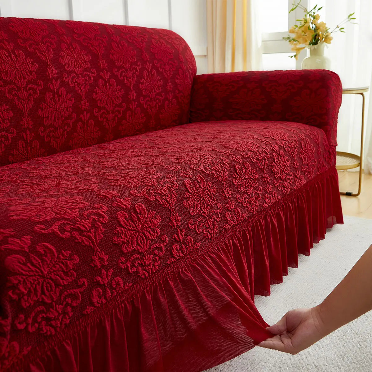 European Jacquard Sofa Slipcover with Skirt – Non-Slip, Embossed, Machine Washable (Single to 4-Seater)
