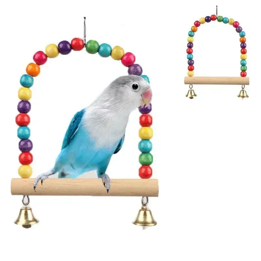 Wooden Bird Swing for Parrots & Small Birds — Hanging Play Toy with Bells & Rings, Small 12×15 cm (4.7×5.9 in) / Large 18×22 cm (7.1×8.7 in)