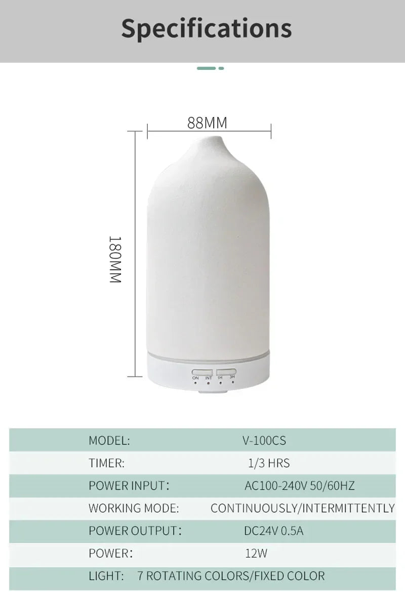Ceramic Essential Oil Aromatherapy Diffuser Ultrasonic Air Humidifier with Timer Night Light Waterless Auto Off Cool Mist Maker