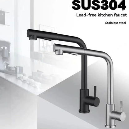 Matte Black Pull-Out Kitchen Faucet – 304 Stainless Steel Single-Handle, 360° Swivel, Ceramic Valve, Stream & Spray