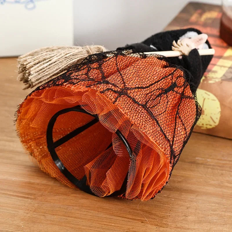 Halloween Witch Doll Decoration with Broom – Freestanding & Hanging Cloth Ornament for Home, Office, Tree & Party Decor – Black or Orange