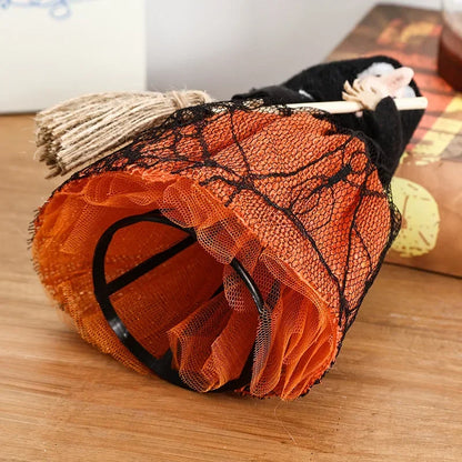 Halloween Witch Doll Decoration with Broom – Freestanding & Hanging Cloth Ornament for Home, Office, Tree & Party Decor – Black or Orange