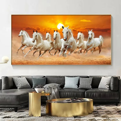 Modern Simple Wall Art 7 Running White Horses Sunset Scenery HD Canvas Printing Poster Home Living Room Bedroom Decoration
