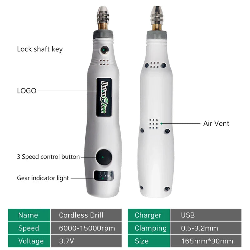 3-Speed USB Cordless Rotary Tool Mini Electric Engraving Drill Pen with Accessories