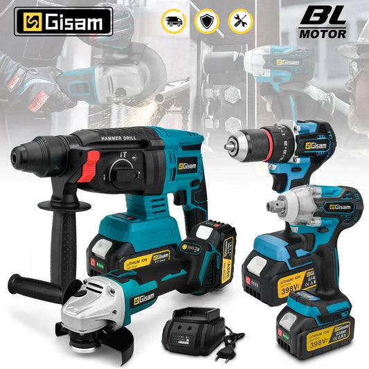 4-in-1 Brushless Cordless Power Tool Kit - Impact Wrench, Drill, Angle Grinder & Hammer - 18V Battery Pin Compatible
