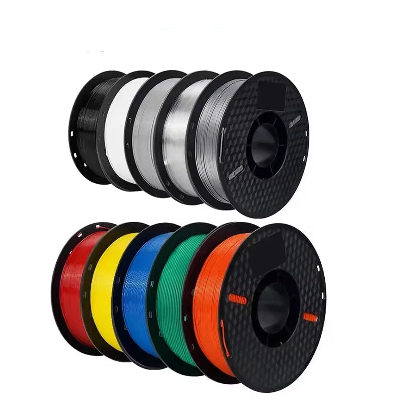 A promotional product graphic for KEEPANG 10KG PETG filament in multiple colors. The image shows several spools of filament in black, silver, white, yellow, red, green, blue, and orange, alongside a vertical list of color codes with country flags and text stating 'Codes are valid during the sale: Jun 1, 00:00 - Jun 10, 23:59 PT'.