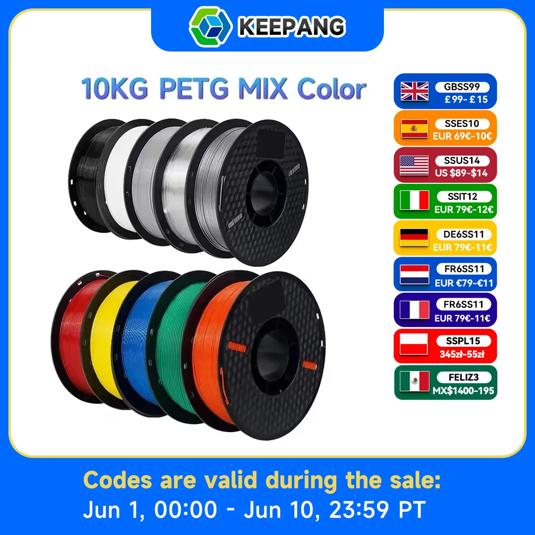 A promotional product graphic for KEEPANG 10KG PETG filament in multiple colors. The image shows several spools of filament in black, silver, white, yellow, red, green, blue, and orange, alongside a vertical list of color codes with country flags and text stating 'Codes are valid during the sale: Jun 1, 00:00 - Jun 10, 23:59 PT'.