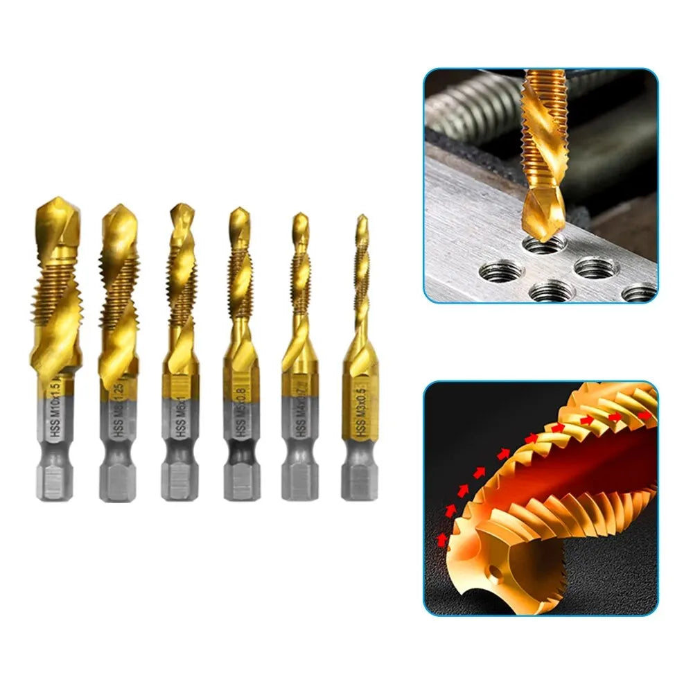 6-Piece HSS 4341 Titanium-Plated Tap and Drill Combo Set Integrated Machine Taps and Chamfer Tools