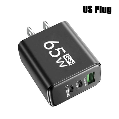 GaN 65W Fast USB-C PD Charger 2x USB-C + USB-A Quick Charge Wall Adapter EU/KR Plug