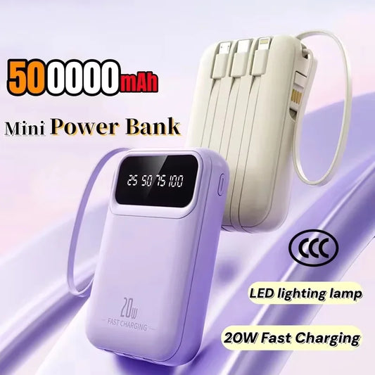 500000mAh Portable Power Bank 20W Fast Charge, Built-In 4 Cables, LED Light & Digital Display