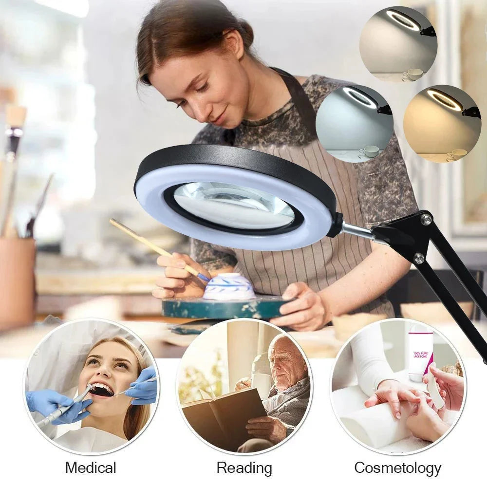72-LED USB Magnifying Lamp 8X/10X 4.2in (106mm) Glass Lens Dimmable 3-Color LED Magnifier with Adjustable Arm & Clamp for Soldering Repair Crafts Beauty