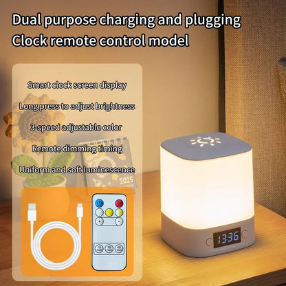 Rechargeable LED Night Light with Clock Display - USB Bedside Lamp, Touch & Remote, Adjustable Brightness & Color Temperature for Nursery & Reading