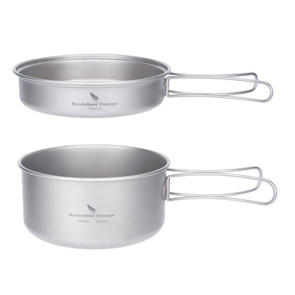 Titanium Camping Cookware Set with Folding Handles - Lightweight Pot & Pan for Hiking