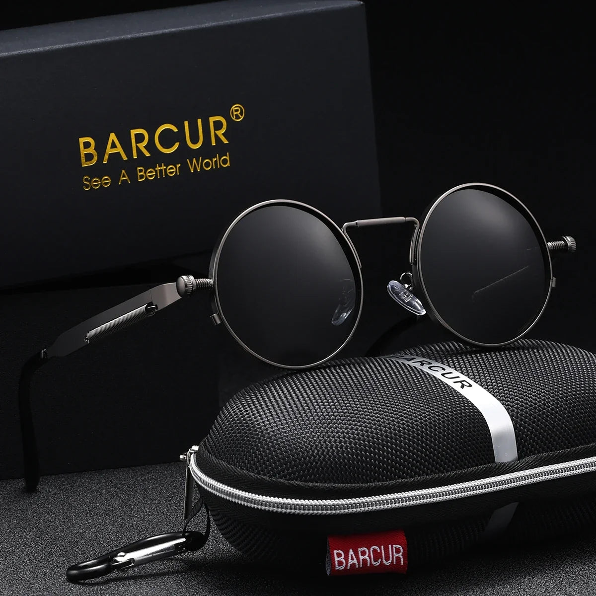 BARCUR Polarized Round Steampunk Sunglasses Retro UV400 Metal Frame for Men Women