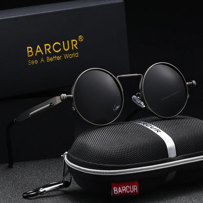 BARCUR Polarized Round Steampunk Sunglasses Retro UV400 Metal Frame for Men Women
