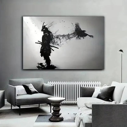 Black and White Japanese Black Samurai Man with Crow Posters and Print Wall Art Canvas Painting for Living Room Cuadros Decor