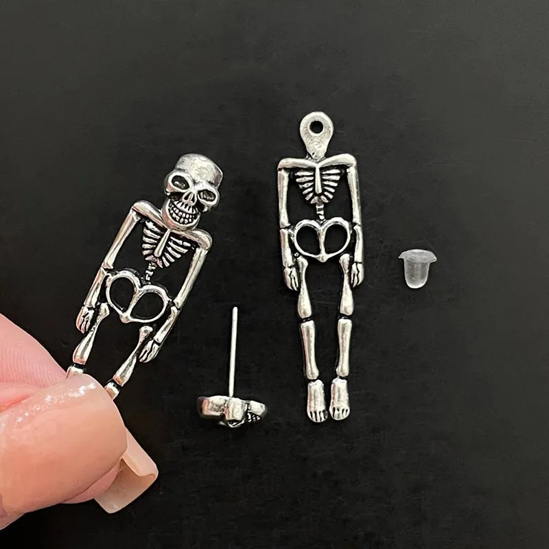 Halloween Skull Skeleton Dangle Earrings for Women – Neo-Gothic Punk Drop Earrings, Antique Silver Zinc Alloy, Detachable – 1 Pair