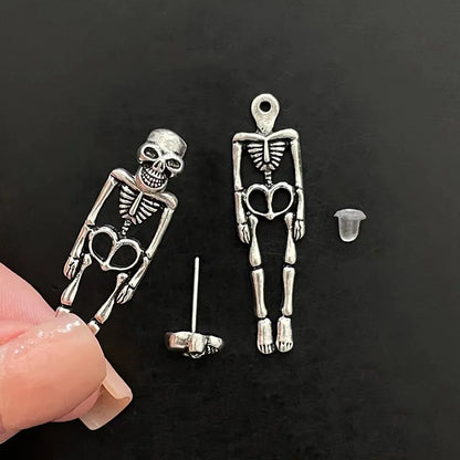 Halloween Skull Skeleton Dangle Earrings for Women – Neo-Gothic Punk Drop Earrings, Antique Silver Zinc Alloy, Detachable – 1 Pair