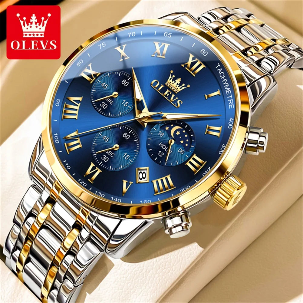 OLEVS 5529 Men's Chronograph Watch, Steel Bracelet Version - 41mm Moon Phase Dial, Auto Date, Luminous Hands, 30m Water Resistant