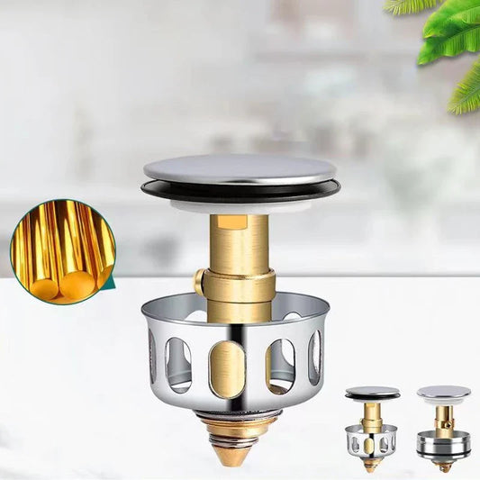 Universal Brass Pop-Up Drain Stopper & Hair Catcher – Metal Basin Strainer Plug for Sink and Bathtub