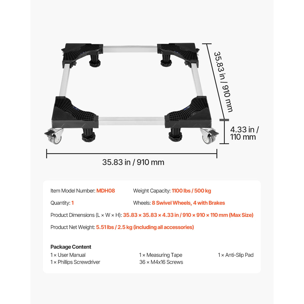 SucceBuy 1100lb Adjustable Appliance Dolly - 8 Locking Swivel Wheels, 27.5"-35.4" Adjustable Width, Steel Frame, CE Certified