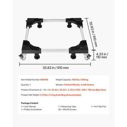 SucceBuy 1100lb Adjustable Appliance Dolly - 8 Locking Swivel Wheels, 27.5"-35.4" Adjustable Width, Steel Frame, CE Certified