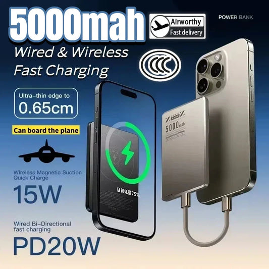 5000mAh Ultra-Slim Magnetic Wireless Power Bank Fast Charge Qi2 Clip-On Portable Battery with Built-In Cables and LED Display