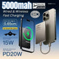 5000mAh Ultra-Slim Magnetic Wireless Power Bank Fast Charge Qi2 Clip-On Portable Battery with Built-In Cables and LED Display