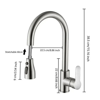Pull-Out Kitchen Faucet 304 Stainless Steel Deck-Mounted Mixer Tap, Single-Handle Hot & Cold with Brushed Pull-Down Spray