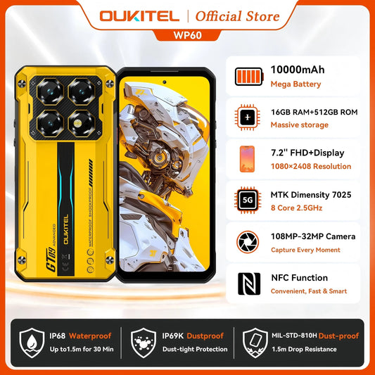OUKITEL WP60 5G NFC Smartphone 10000mAh 48GB(16+32) +512GB, MTK 7025 Android 15 Rugged Phone, 108MP Camera, 120Hz