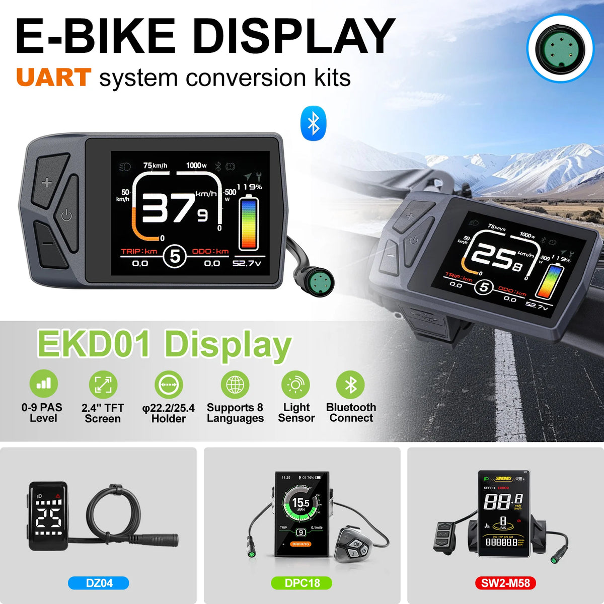 Varstrom UART E-Bike Display - EKD01 Bluetooth / SW2-M58 Color / DZ40 Mini / Bafang DPC18 - Bafang BBS/Hub Compatible, IP67-IP68, 12V-60V, 1-Year Warranty