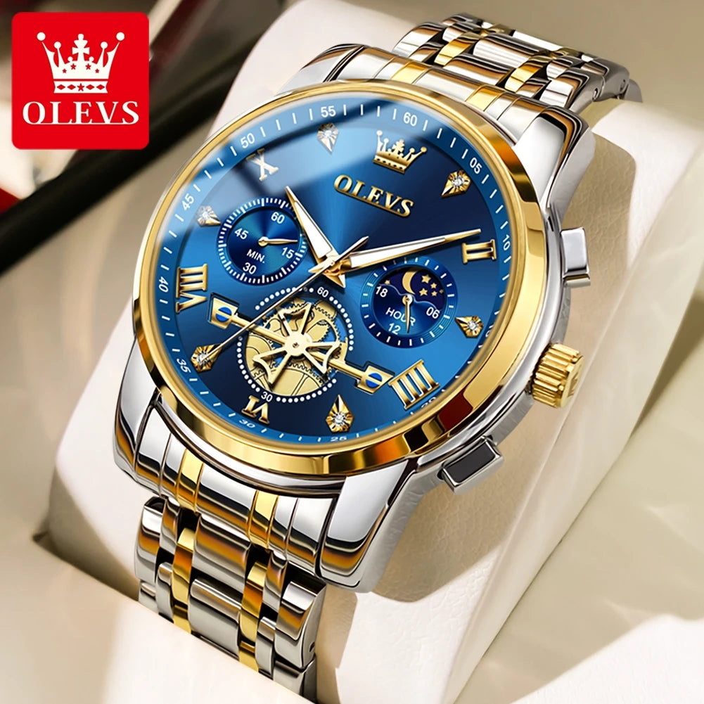 OLEVS 2856 Men's Skeleton Chronograph Watch - Flywheel Dial, Moon Phase, Steel Bracelet, 30m Water Resistant