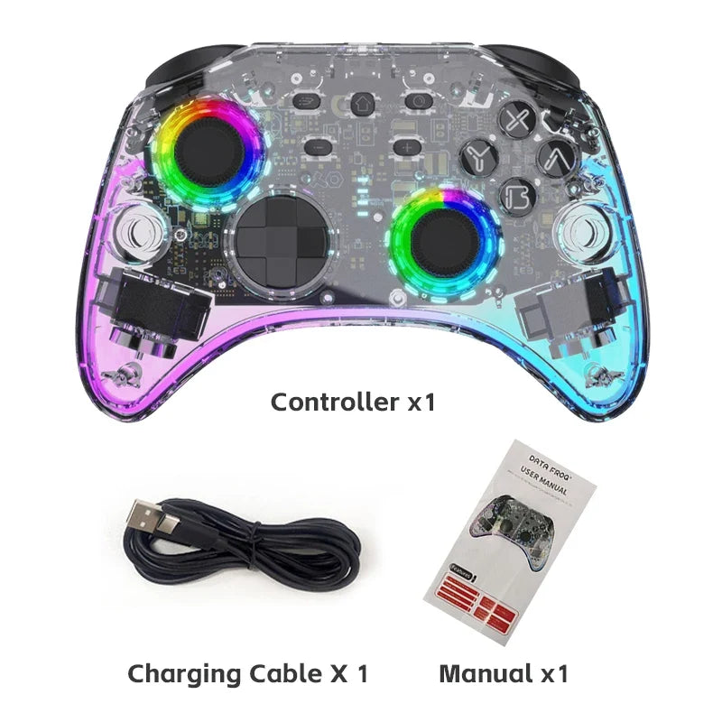 DATA FROG Transparent Wireless Game Controller RGB LED Gamepad With Audio Jack For Switch OLED PC Steam Deck Android Phone