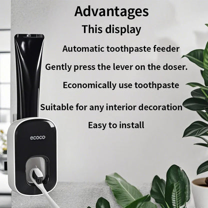 Automatic Wall-Mounted Toothpaste Dispenser with Toothbrush Holder — Suction Adhesive, Black/Gray