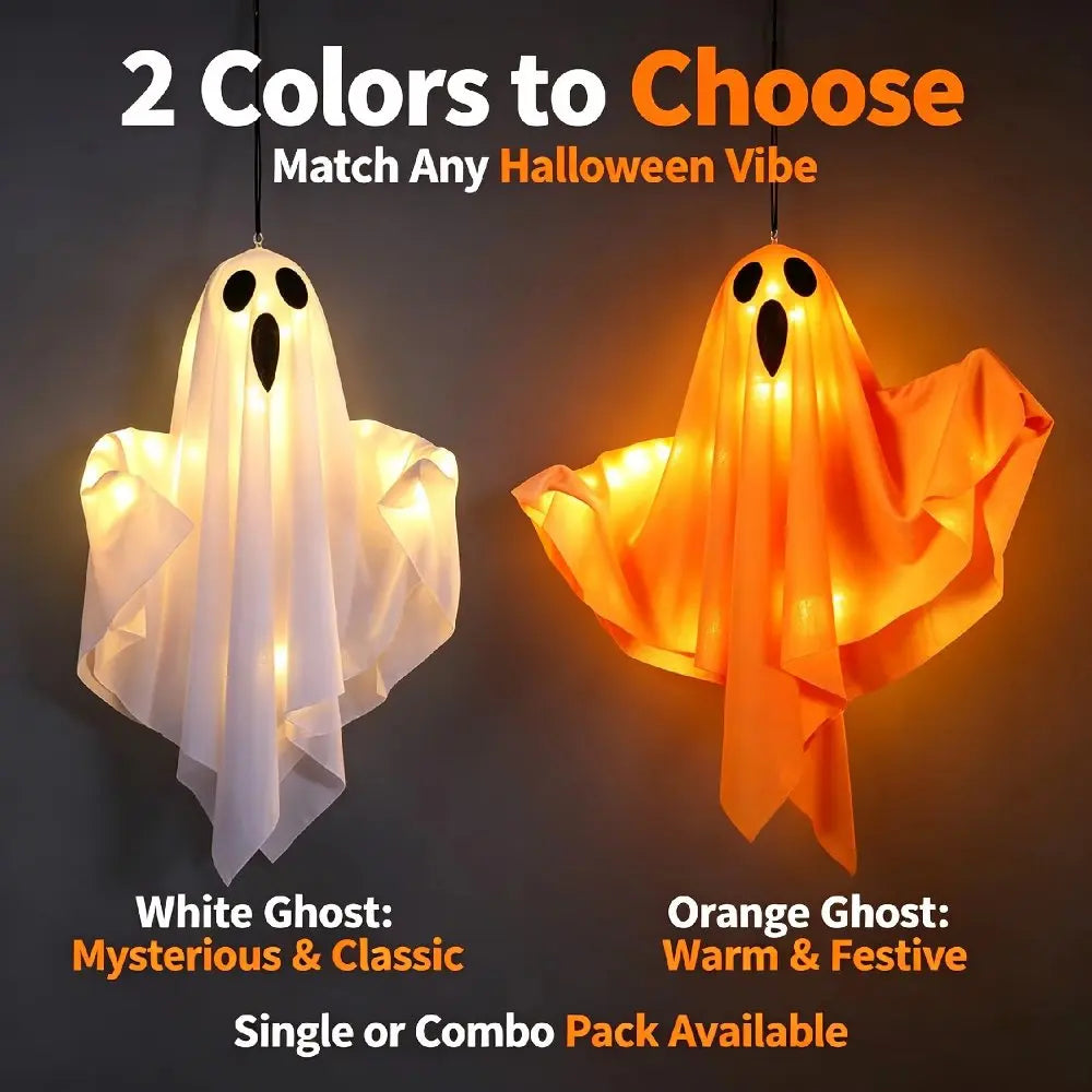 Halloween Glowing Ghost Lantern LED String Lights – Hanging Outdoor & Indoor Ghost Decor for Yard, Tree, Porch & Party – Orange, White or 2-Pack