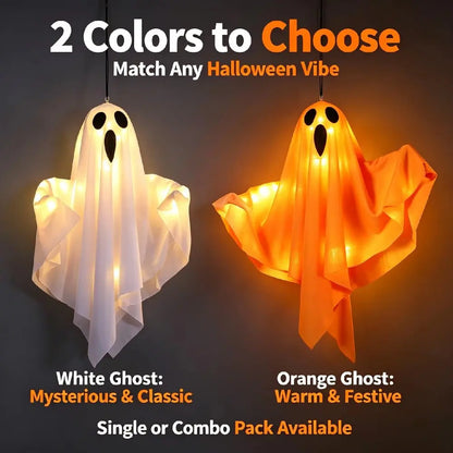 Halloween Glowing Ghost Lantern LED String Lights – Hanging Outdoor & Indoor Ghost Decor for Yard, Tree, Porch & Party – Orange, White or 2-Pack