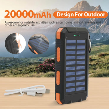 20000mAh Solar Power Bank - Portable Solar Charger with Dual USB, USB-C Input, Built-in Cables & LED Flashlight