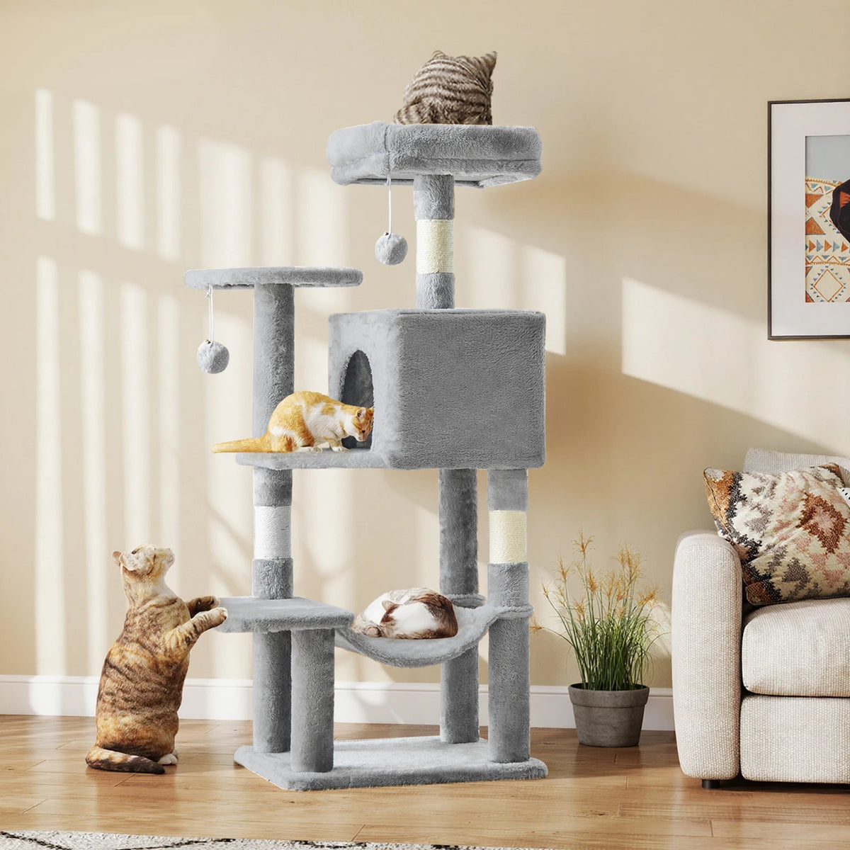 JHK 44" 4-Tier Cat Tree Tower - Condo, Hammock, Sisal Posts, 2 Platforms, 2 Swinging Balls, Anti-Tip, 44lb Rated, Multi-Cat