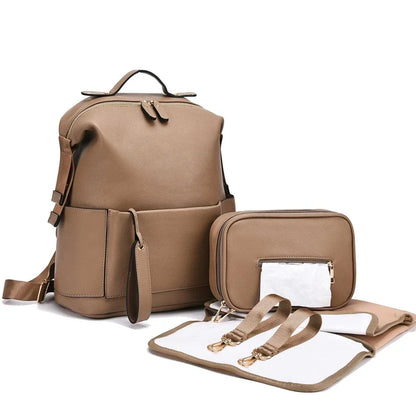 PU Leather Diaper Bag — Large Capacity Maternity Backpack with Changing Pad & Detachable Stroller Straps