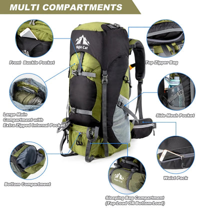 Night Cat 70L / 90L Hiking Backpack with Rain Cover – Waterproof Camping Rucksack for Men & Women
