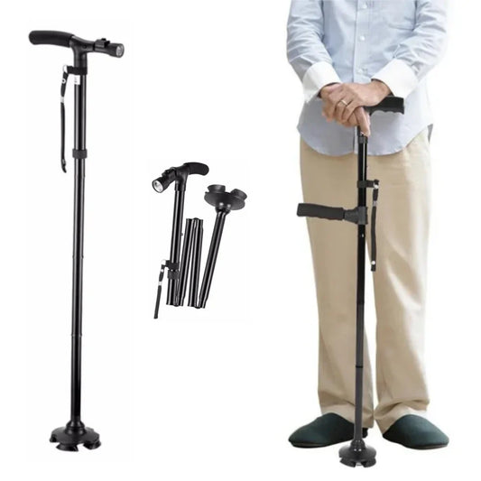 Adjustable Folding LED Walking Cane – Lightweight Aluminum, Anti-Slip Quad Tip, 32.3–37 in (82–94 cm), 250 lb Capacity