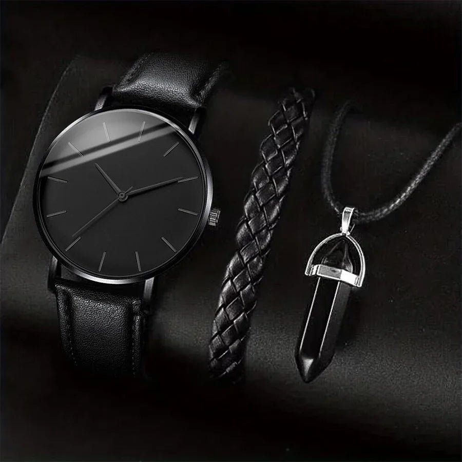 3-Piece Men's Leather Band Quartz Watch Set – 41mm Case, Necklace & Bracelet
