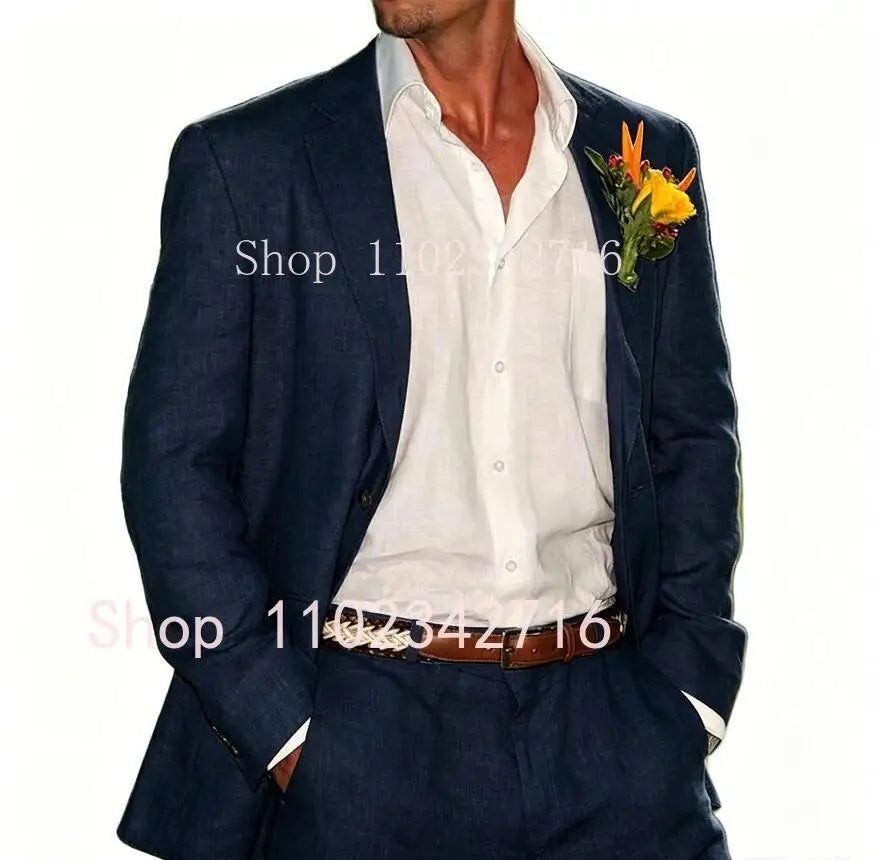 Beige Linen Men Suits 2 Pieces Beach Wedding American Style Jacket