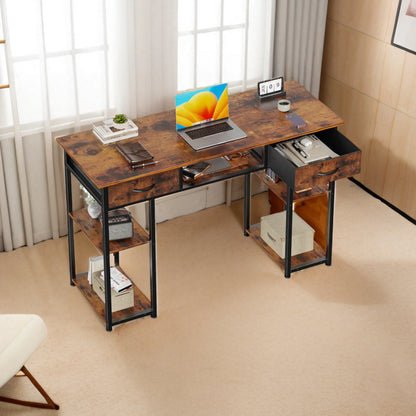JHK 48" Computer Desk with Fabric Drawers, Storage Shelves, Middle Cube - Metal Frame, Adjustable Feet, Modern Home Office Desk, Brown/Black/White