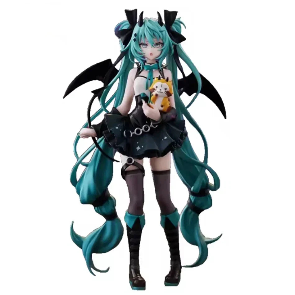 Anime character figurine with teal hair and black outfits on a white background